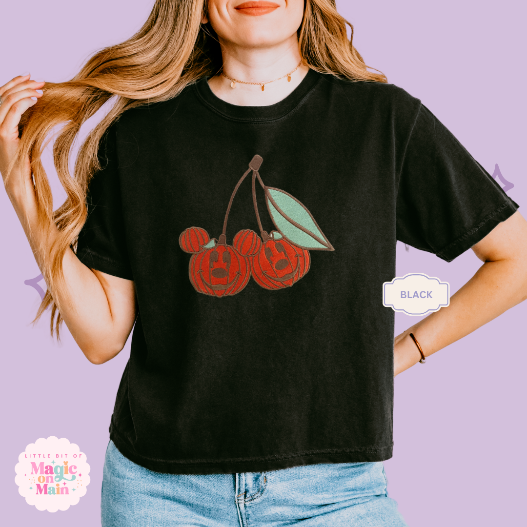 EMBROIDERED MICKEY PUMPKIN CHERRY - WOMENS BOXY T-SHIRT