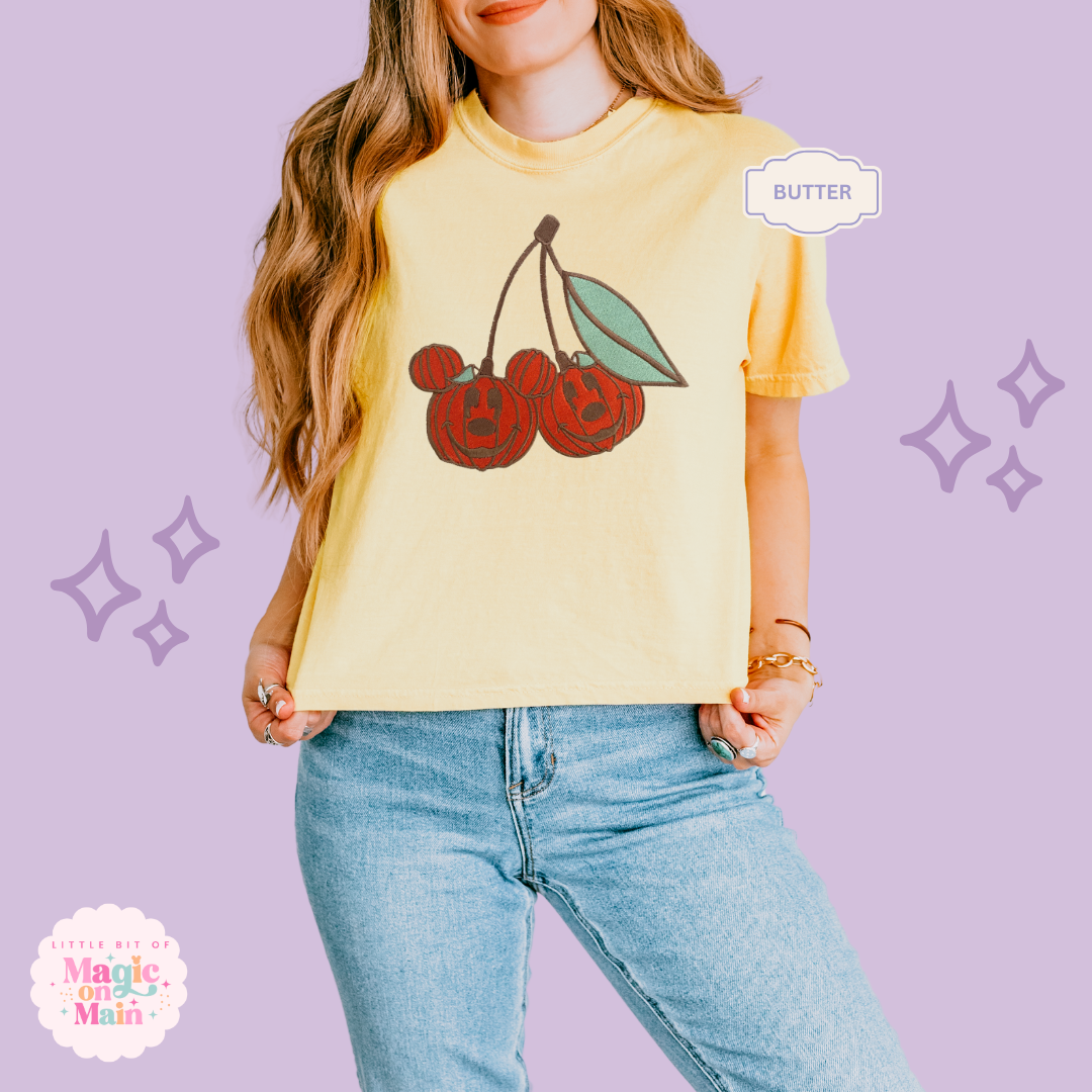 EMBROIDERED MICKEY PUMPKIN CHERRY - WOMENS BOXY T-SHIRT