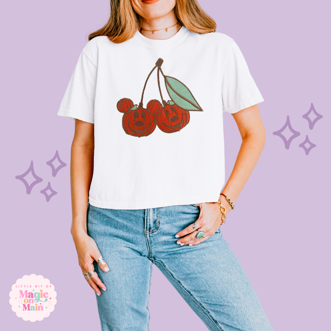EMBROIDERED MICKEY PUMPKIN CHERRY - WOMENS BOXY T-SHIRT