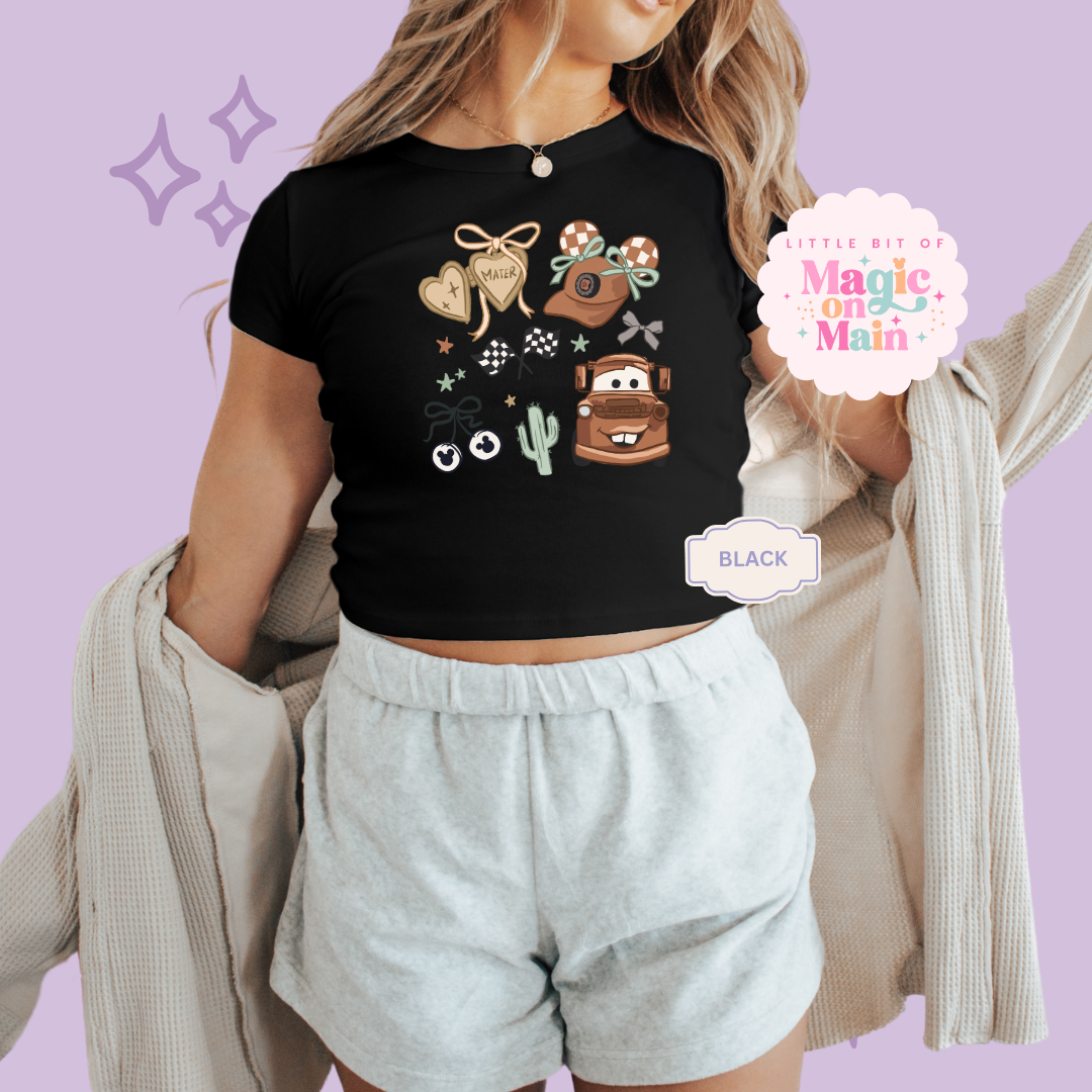 PRINTED BROWN TRUCK COQUETTE - WOMENS CROPPED RIBBED BABY TEE