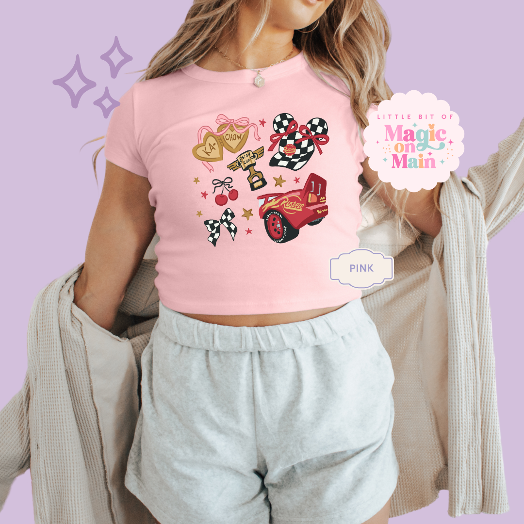 PRINTED RED CAR ELEMENTS COQUETTE - WOMENS CROPPED RIBBED BABY TEE