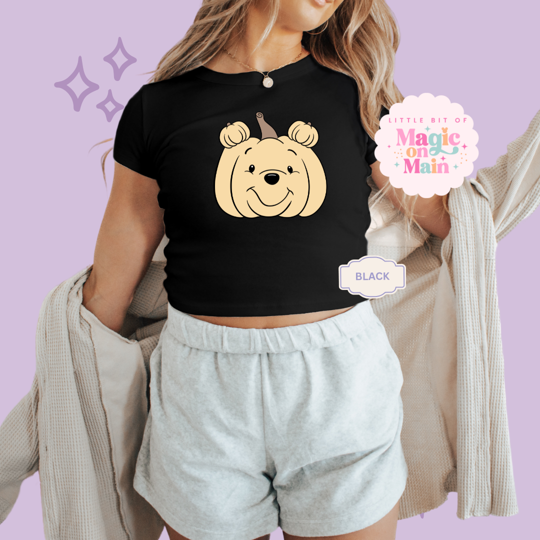 PRINTED POOH PUMPKIN - WOMENS CROPPED RIBBED BABY TEE