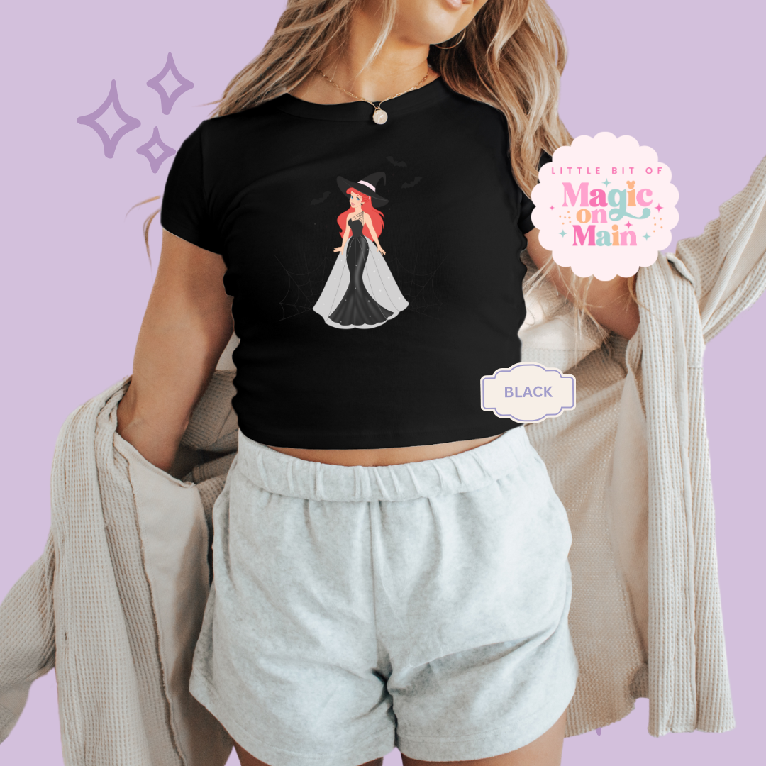 PRINTED SPOOKY ARIEL - WOMENS CROPPED RIBBED BABY TEE