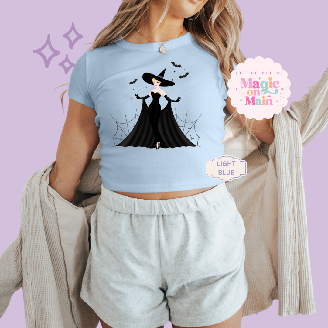 PRINTED SPOOKY CINDY - WOMENS CROPPED RIBBED BABY TEE