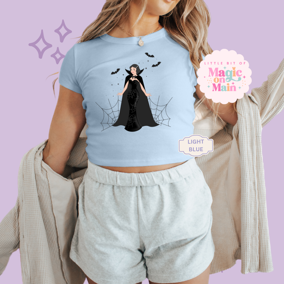 PRINTED SPOOKY SNOW WHITE - WOMENS CROPPED RIBBED BABY TEE