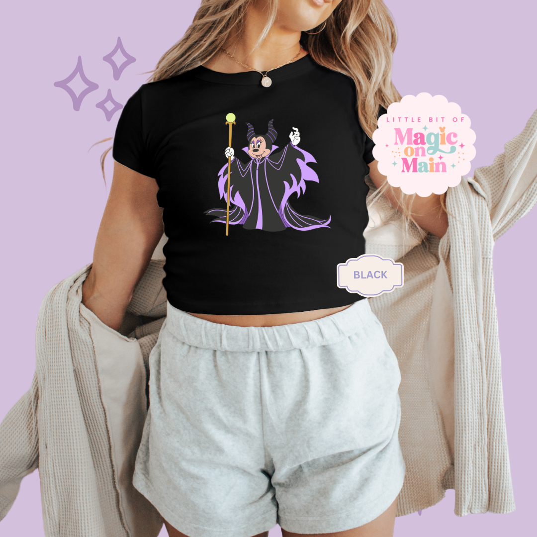 PRINTED MALEFICENT MINNIE - WOMENS CROPPED RIBBED BABY TEE