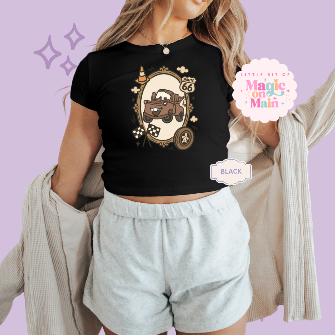 PRINTED RUSTY TRUCK COQUETTE - WOMENS CROPPED RIBBED BABY TEE