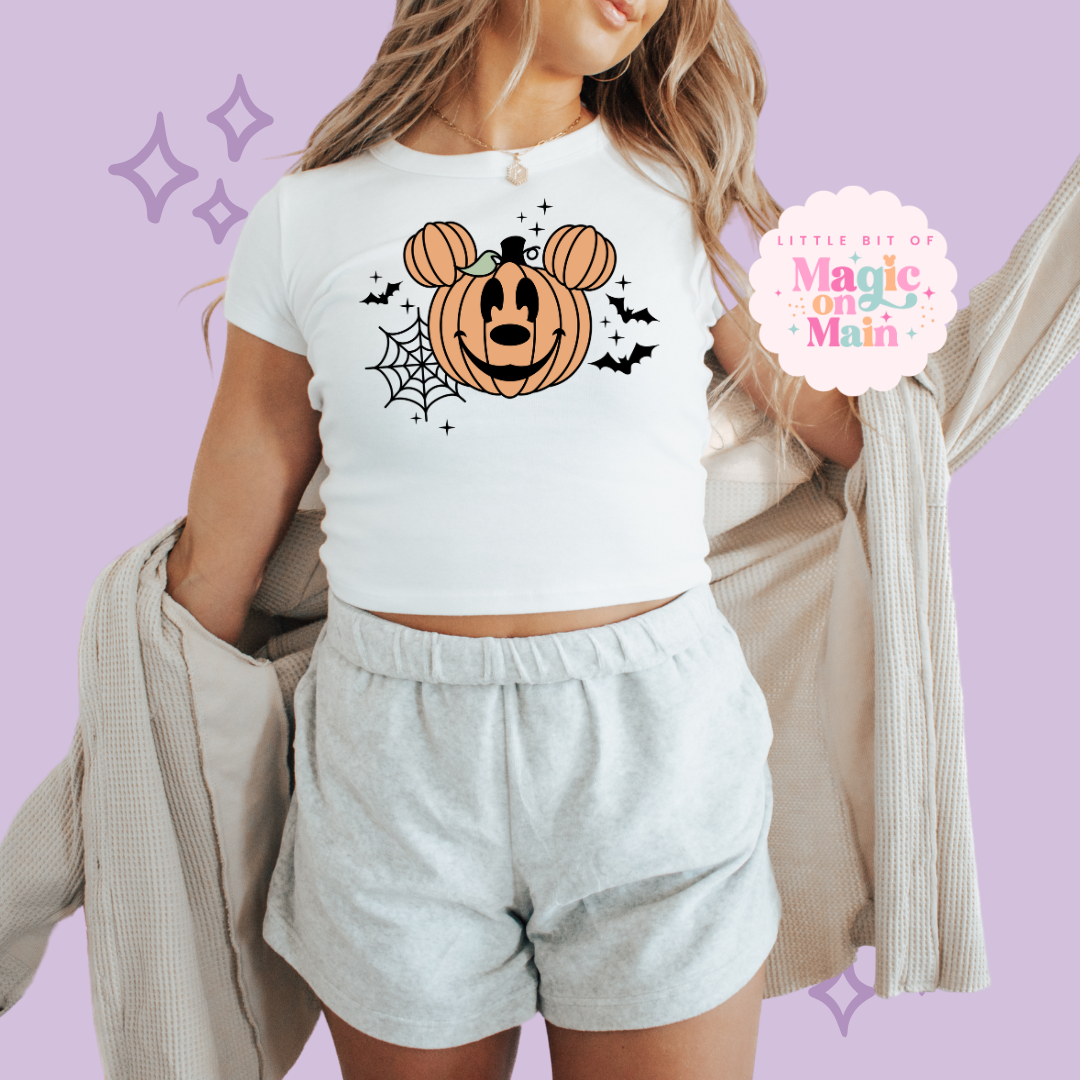 PRINTED ORANGE PUMPKIN - EXCLUSIVE TO MoM - WOMENS CROPPED RIBBED BABY TEE