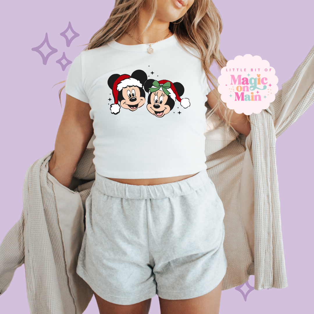 PRINTED MICKEY & MINNIE - WOMENS CROPPED RIBBED BABY TEE