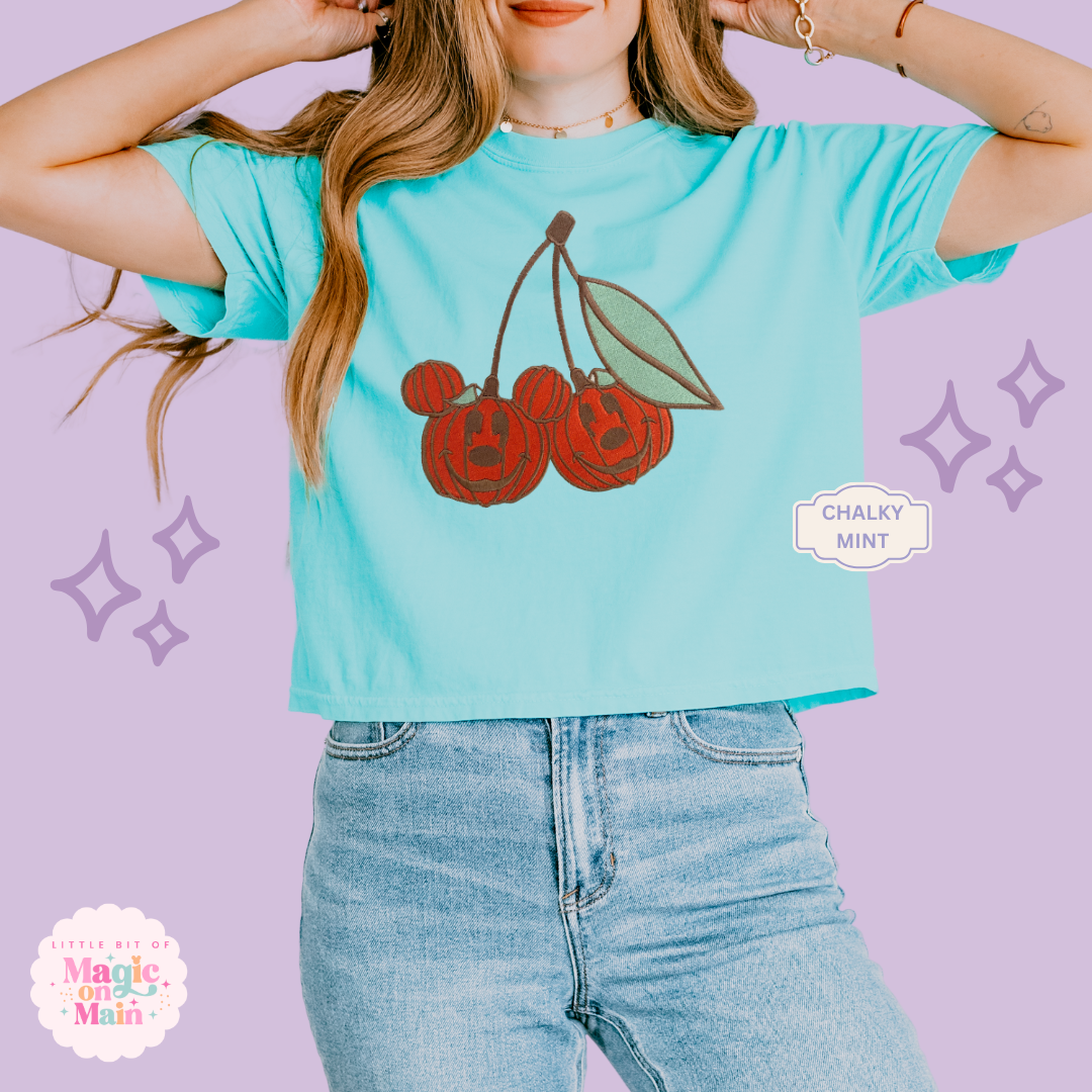 EMBROIDERED MICKEY PUMPKIN CHERRY - WOMENS BOXY T-SHIRT