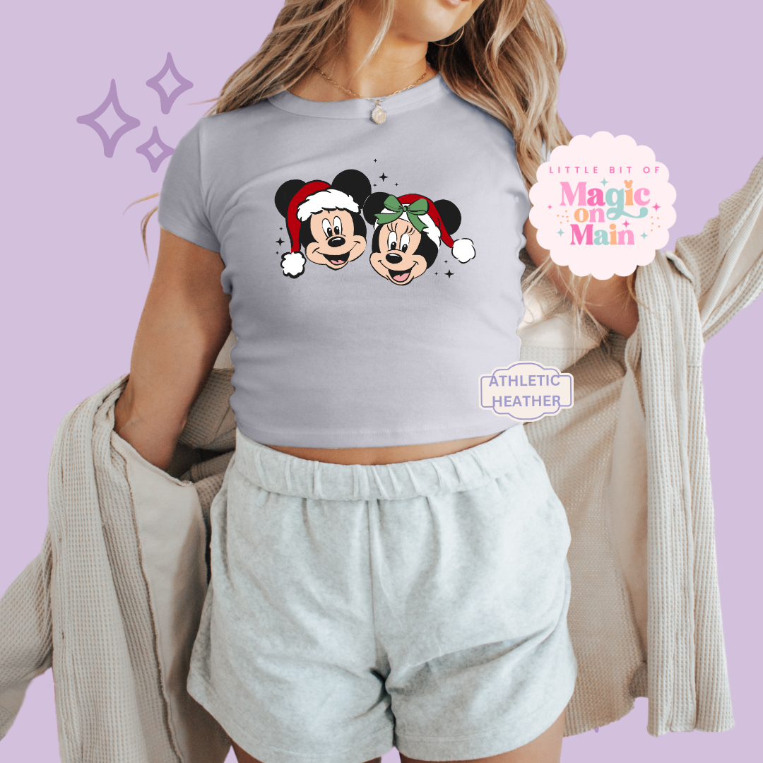 PRINTED MICKEY & MINNIE - WOMENS CROPPED RIBBED BABY TEE