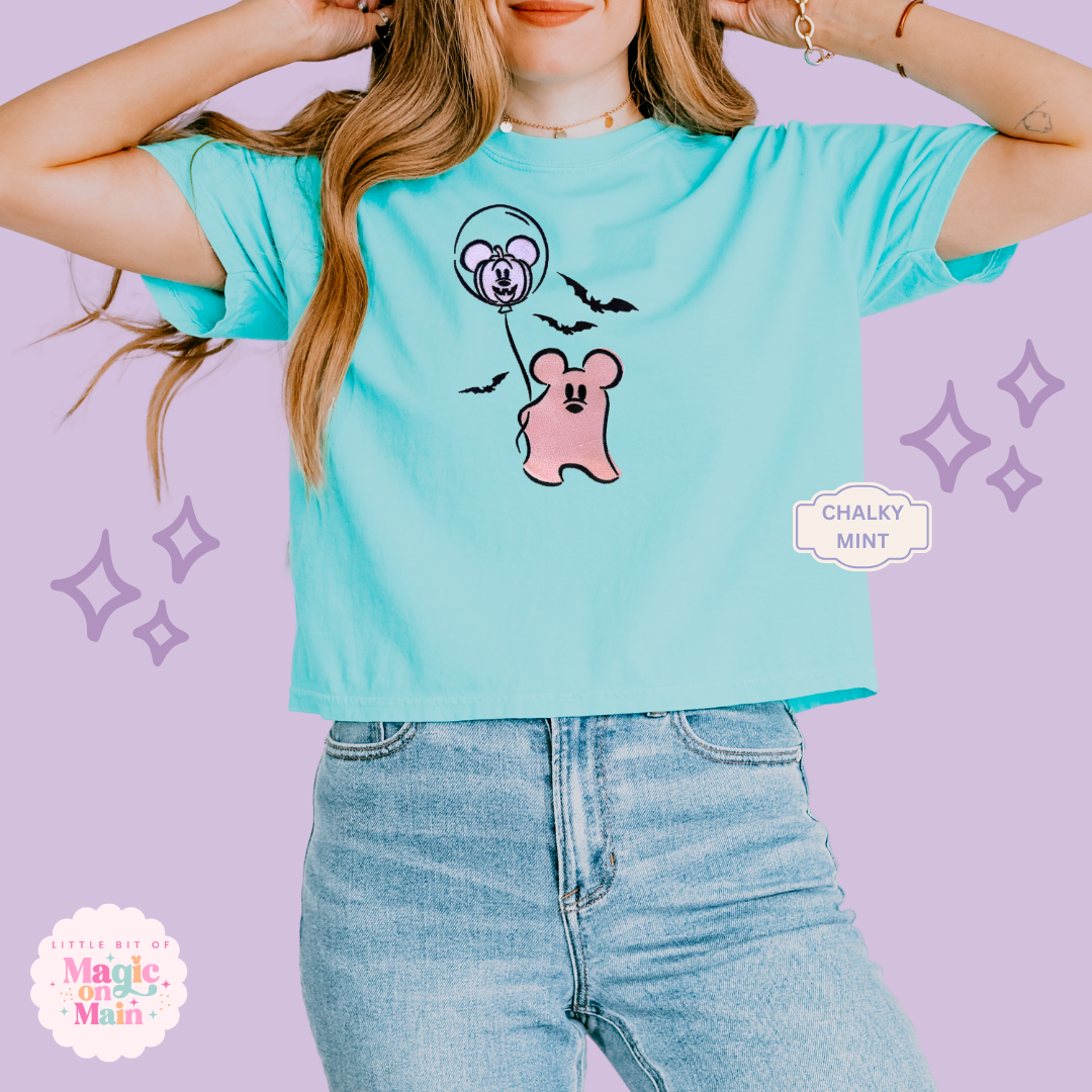 EMBROIDERED PINK MICKEY GHOST - WOMENS BOXY T-SHIRT