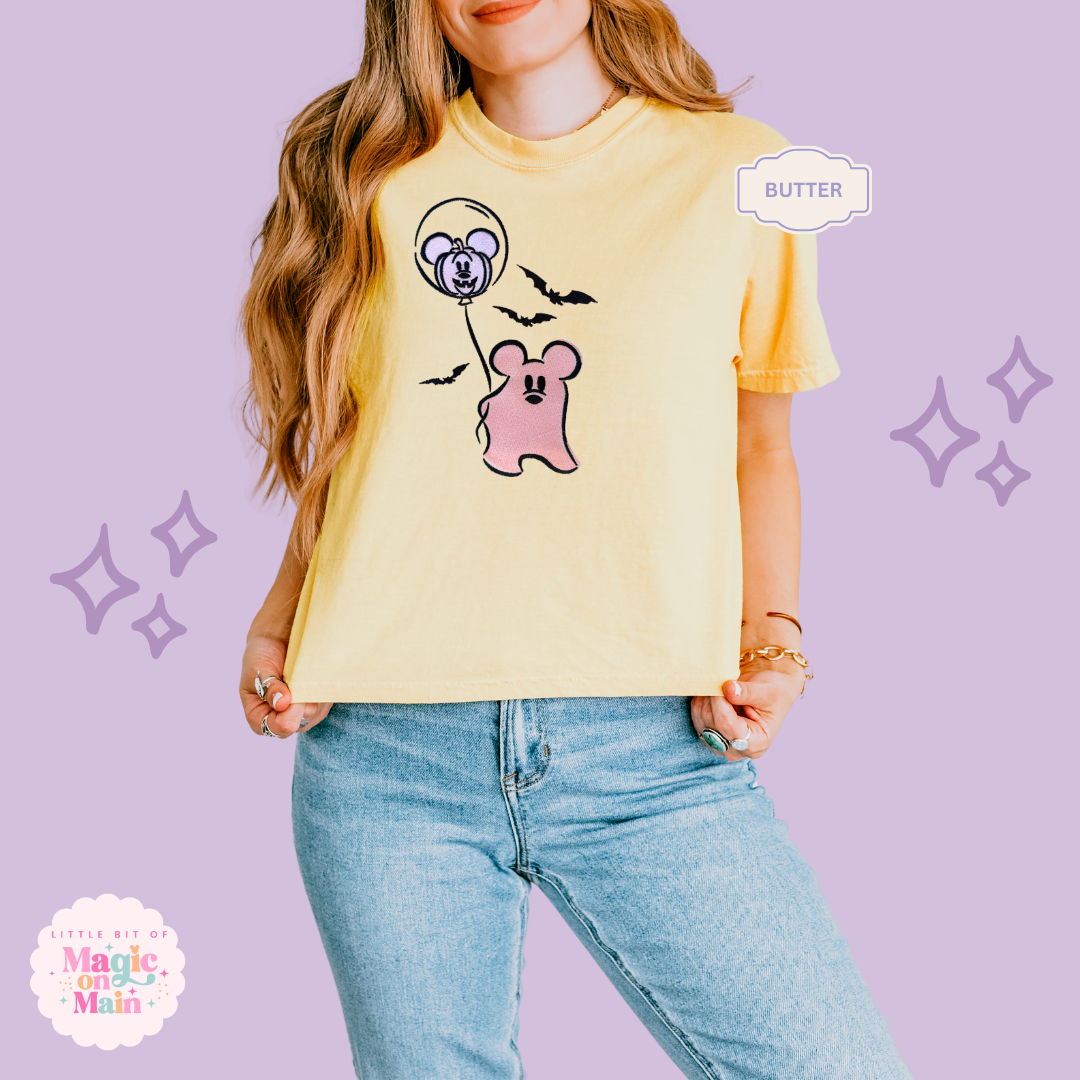 EMBROIDERED PINK MICKEY GHOST - WOMENS BOXY T-SHIRT