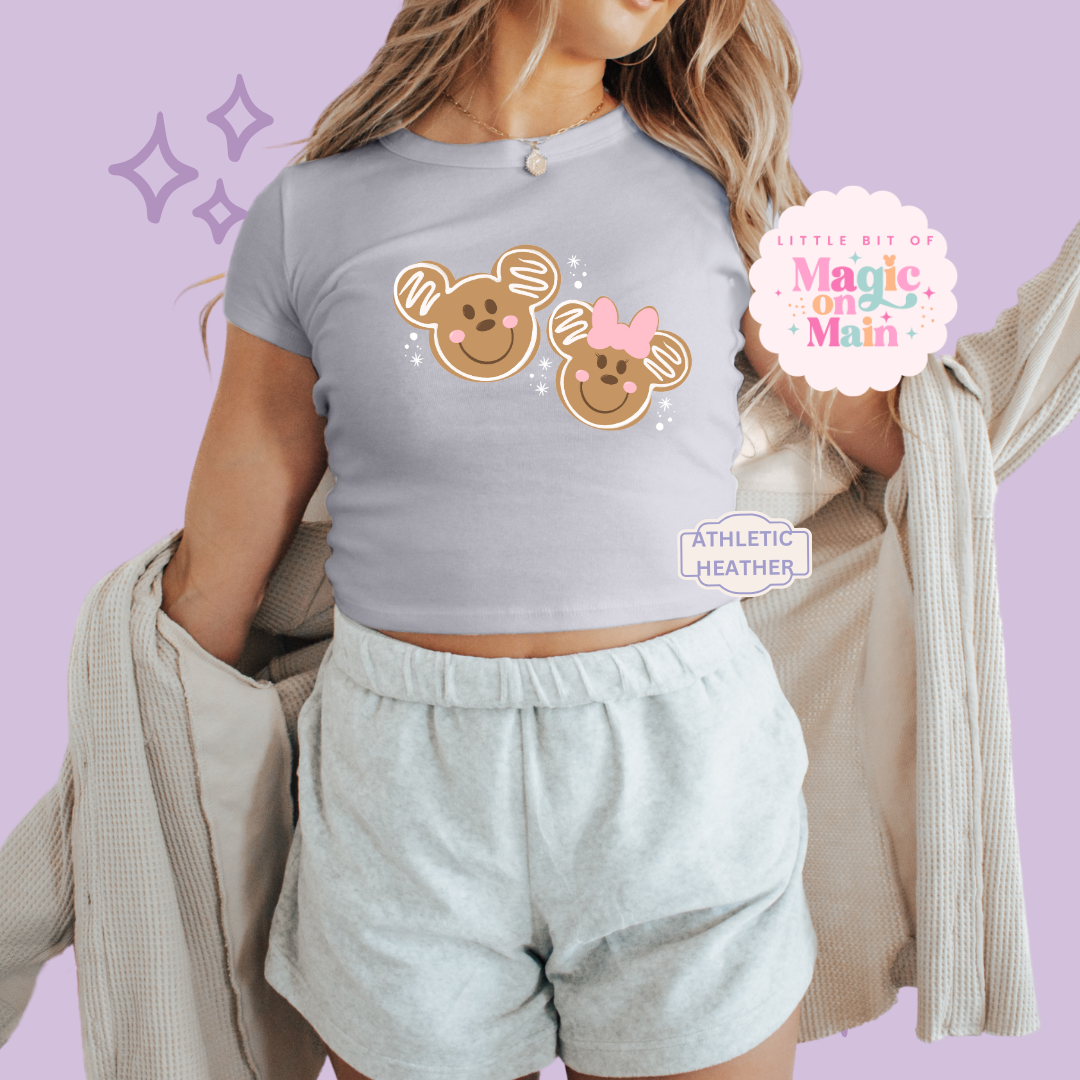 PRINTED GINGERBREAD MICKEY & MINNIE - EXCLUSIVE TO MoM - WOMENS CROPPED RIBBED BABY TEE