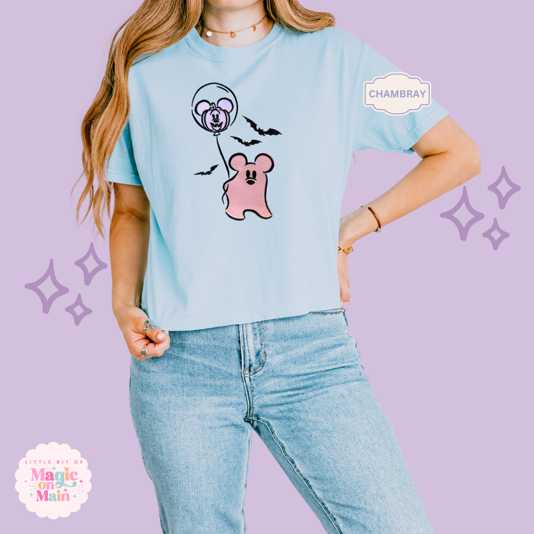 EMBROIDERED PINK MICKEY GHOST - WOMENS BOXY T-SHIRT