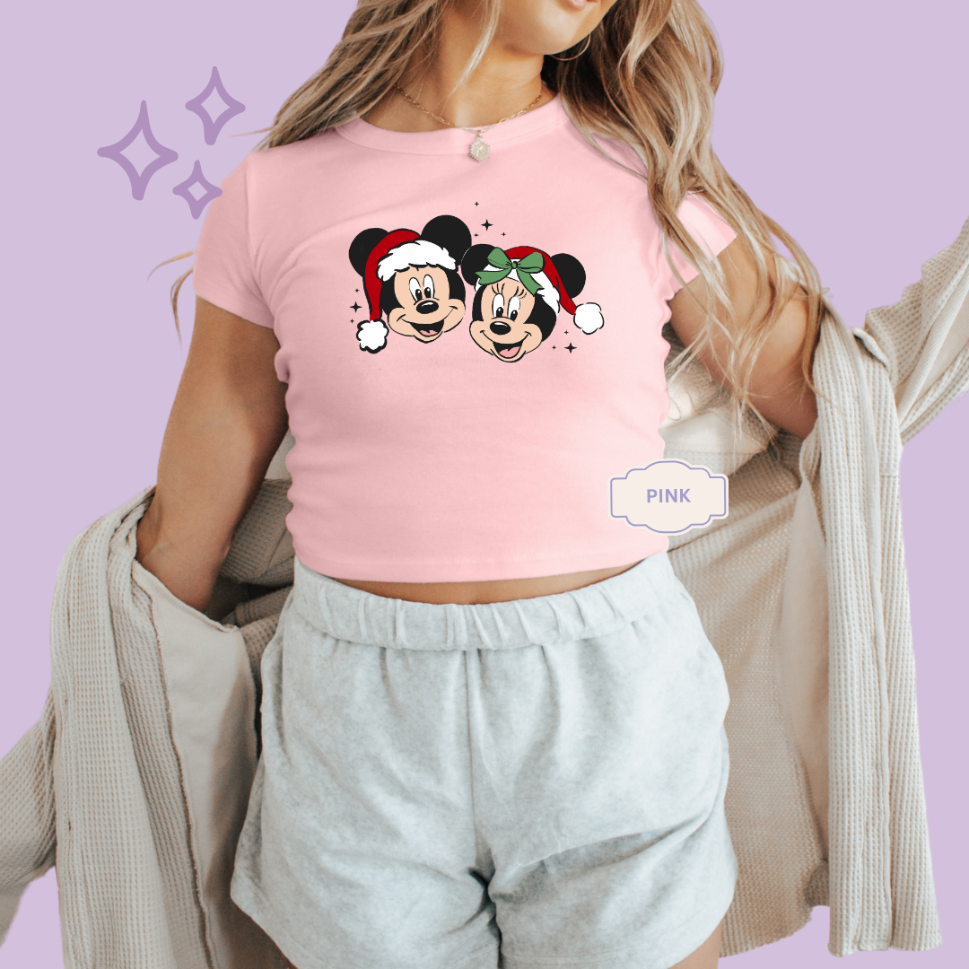 PRINTED MICKEY & MINNIE - WOMENS CROPPED RIBBED BABY TEE