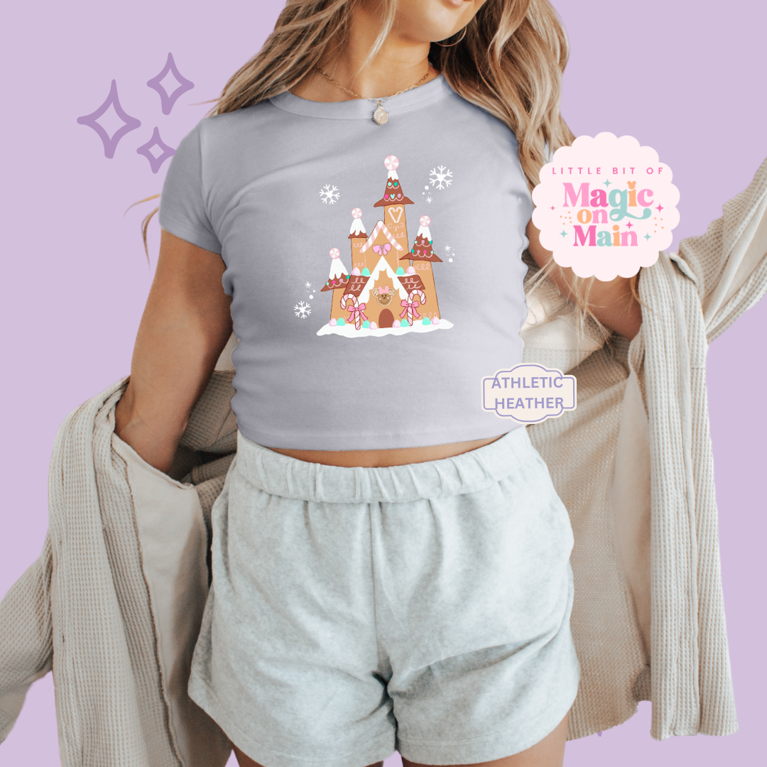 PRINTED GINGERBREAD CASTLE - EXCLUSIVE TO MoM - WOMENS CROPPED RIBBED BABY TEE