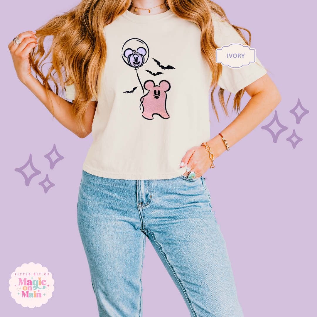 EMBROIDERED PINK MICKEY GHOST - WOMENS BOXY T-SHIRT
