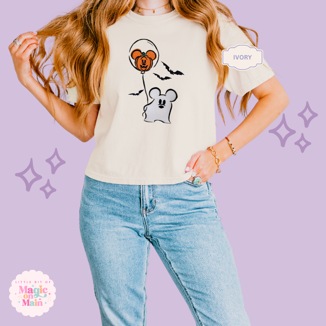 EMBROIDERED CLASSIC MICKEY GHOST - WOMENS BOXY T-SHIRT