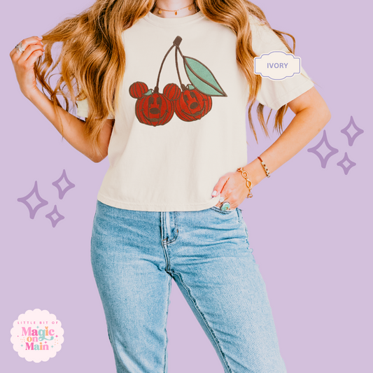 EMBROIDERED MICKEY PUMPKIN CHERRY - WOMENS BOXY T-SHIRT