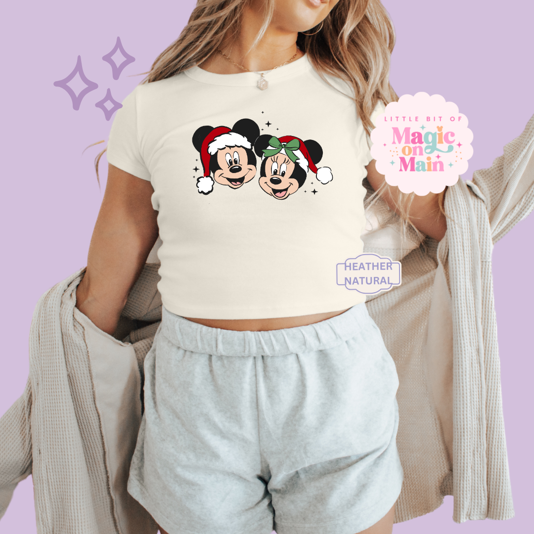 PRINTED MICKEY & MINNIE - WOMENS CROPPED RIBBED BABY TEE