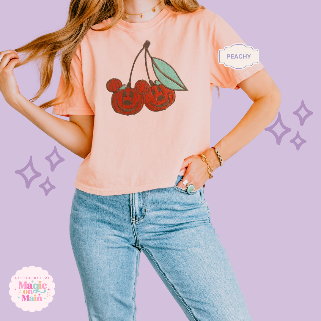 EMBROIDERED MICKEY PUMPKIN CHERRY - WOMENS BOXY T-SHIRT