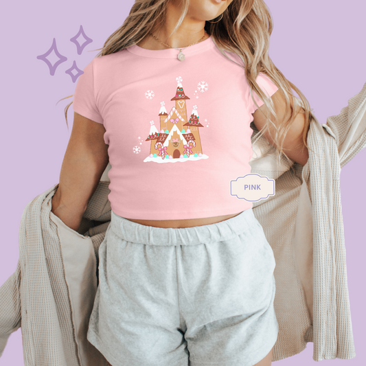 PRINTED GINGERBREAD CASTLE - EXCLUSIVE TO MoM - WOMENS CROPPED RIBBED BABY TEE