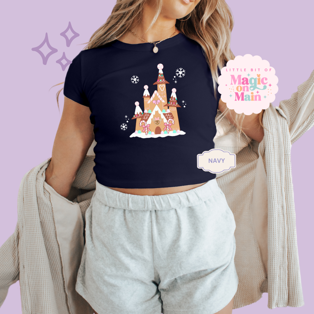 PRINTED GINGERBREAD CASTLE - EXCLUSIVE TO MoM - WOMENS CROPPED RIBBED BABY TEE