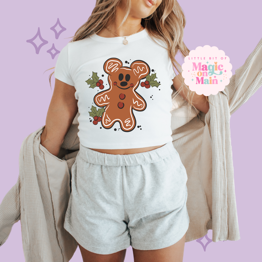 PRINTED GINGERBREAD - WOMENS CROPPED RIBBED BABY TEE