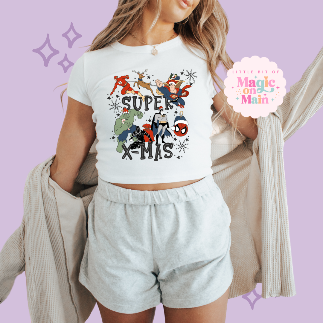 PRINTED SUPER CHRISTMAS - WOMENS CROPPED RIBBED BABY TEE