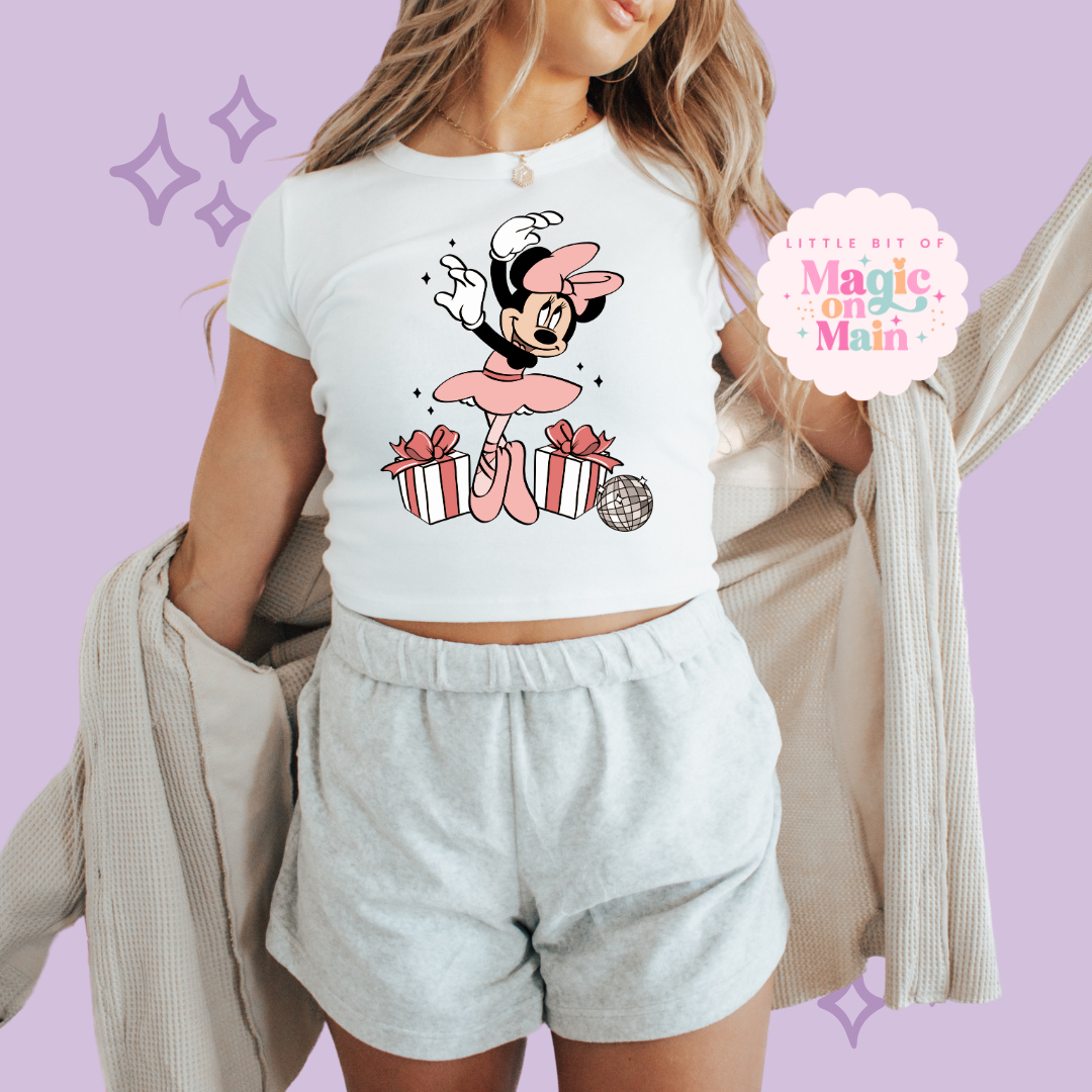 PRINTED MINNIES CHRISTMAS BALLERINA - WOMENS CROPPED RIBBED BABY TEE