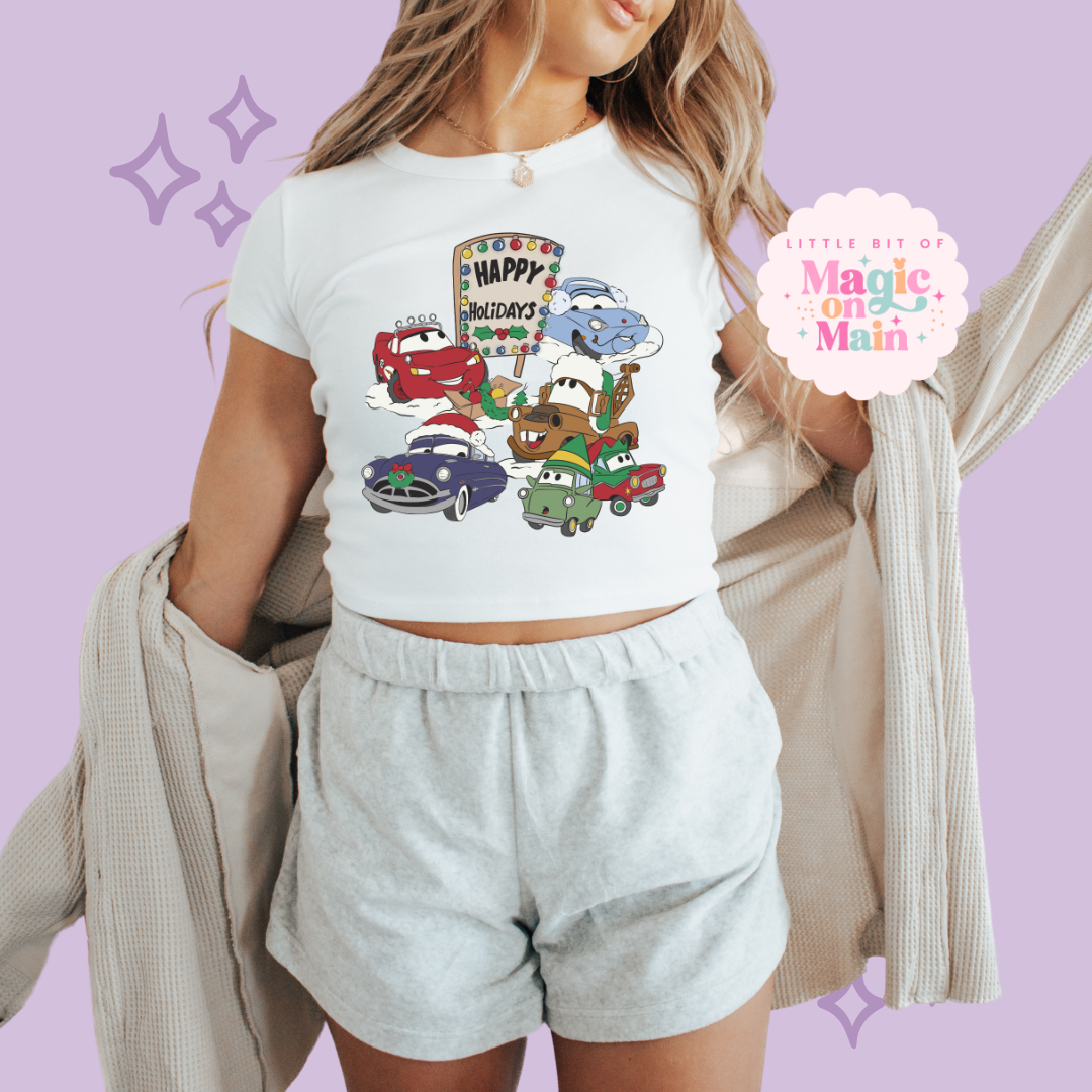 PRINTED CAR CHRISTMAS - WOMENS CROPPED RIBBED BABY TEE