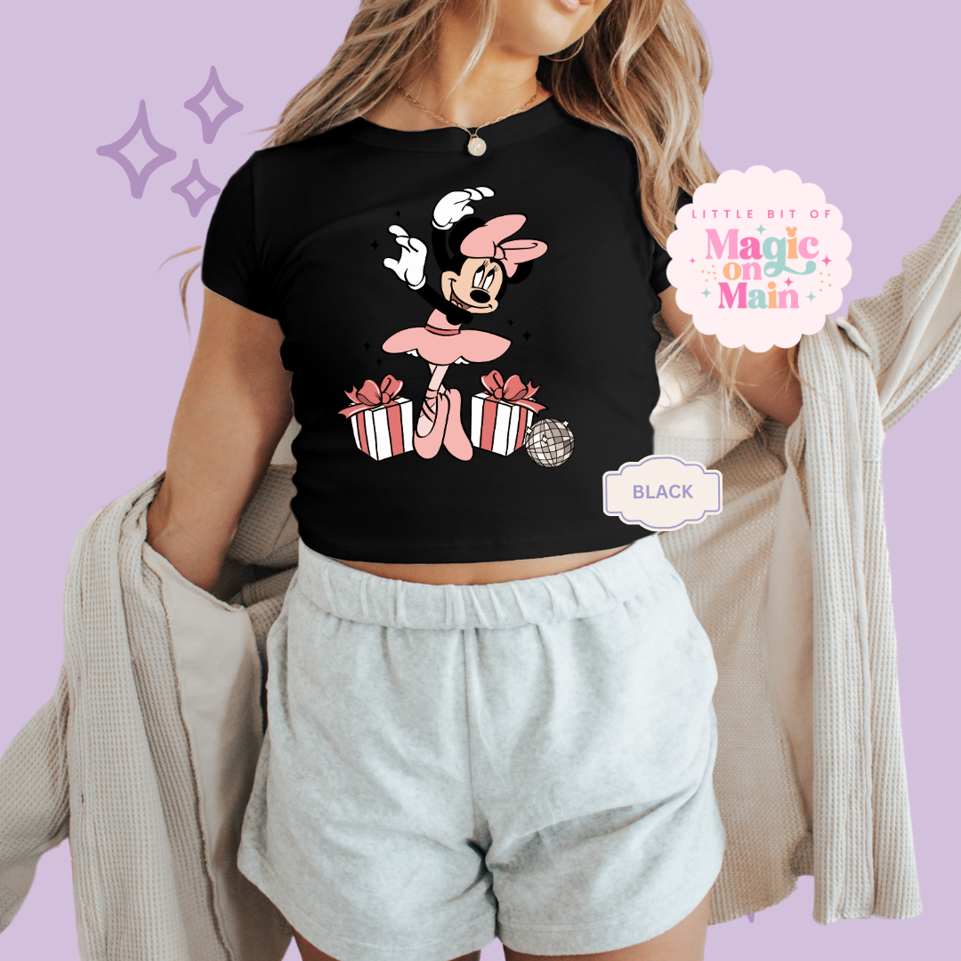 PRINTED MINNIES CHRISTMAS BALLERINA - WOMENS CROPPED RIBBED BABY TEE