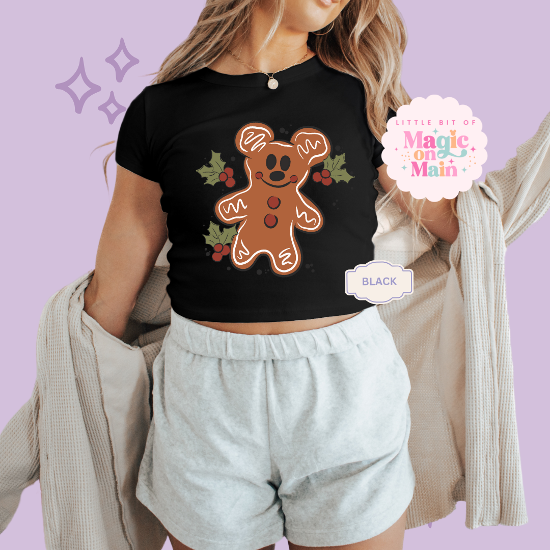 PRINTED GINGERBREAD - WOMENS CROPPED RIBBED BABY TEE