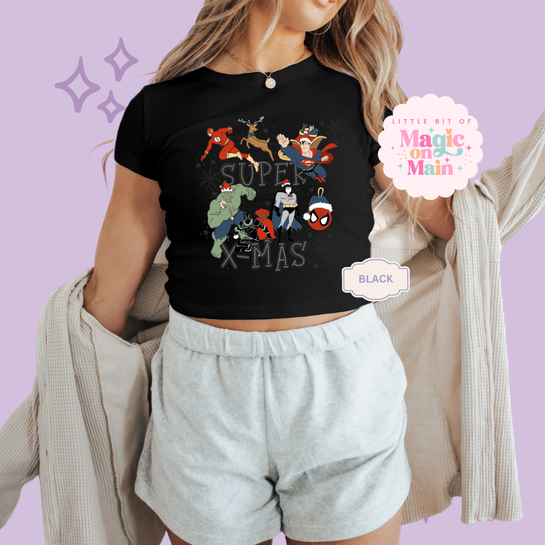 PRINTED SUPER CHRISTMAS - WOMENS CROPPED RIBBED BABY TEE