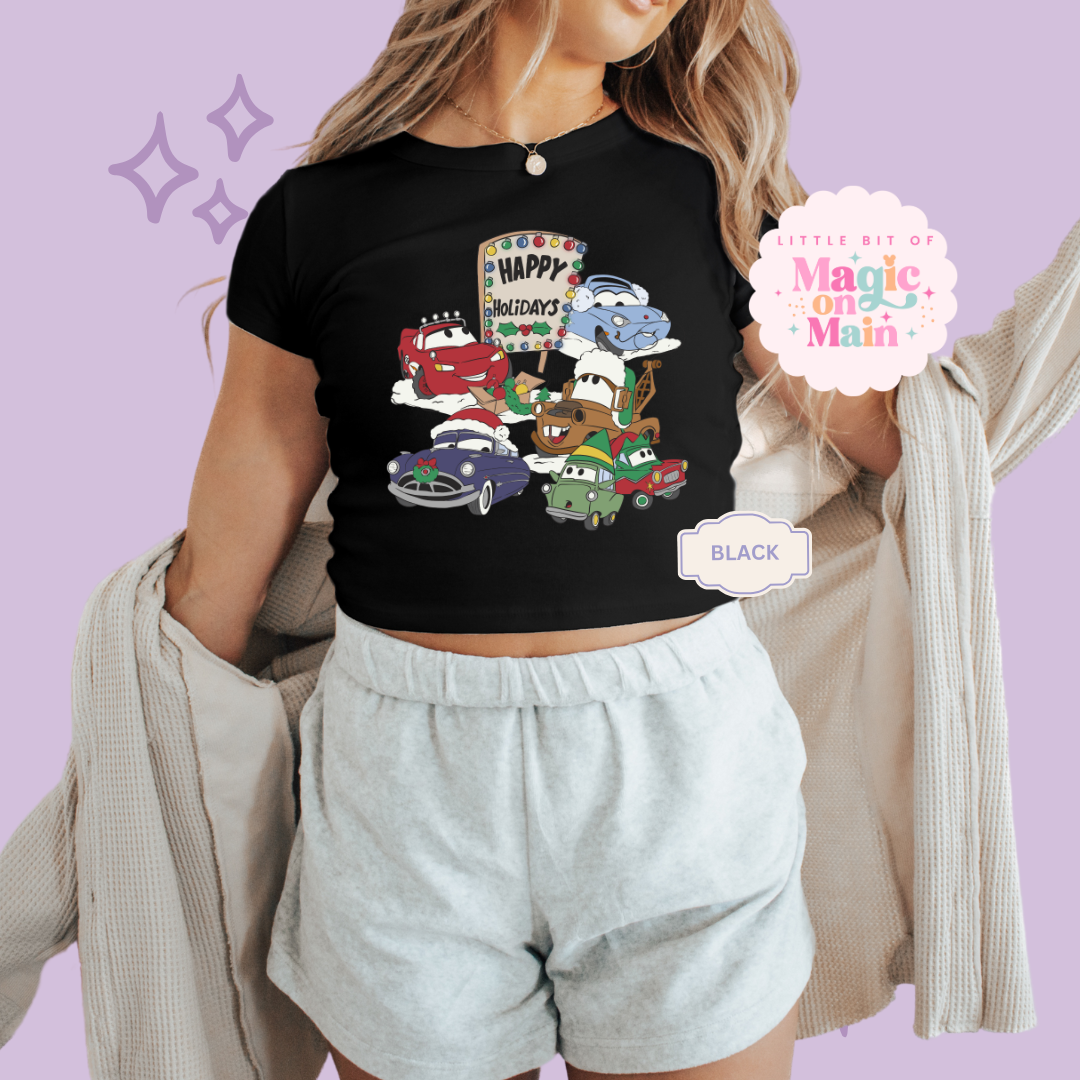 PRINTED CAR CHRISTMAS - WOMENS CROPPED RIBBED BABY TEE