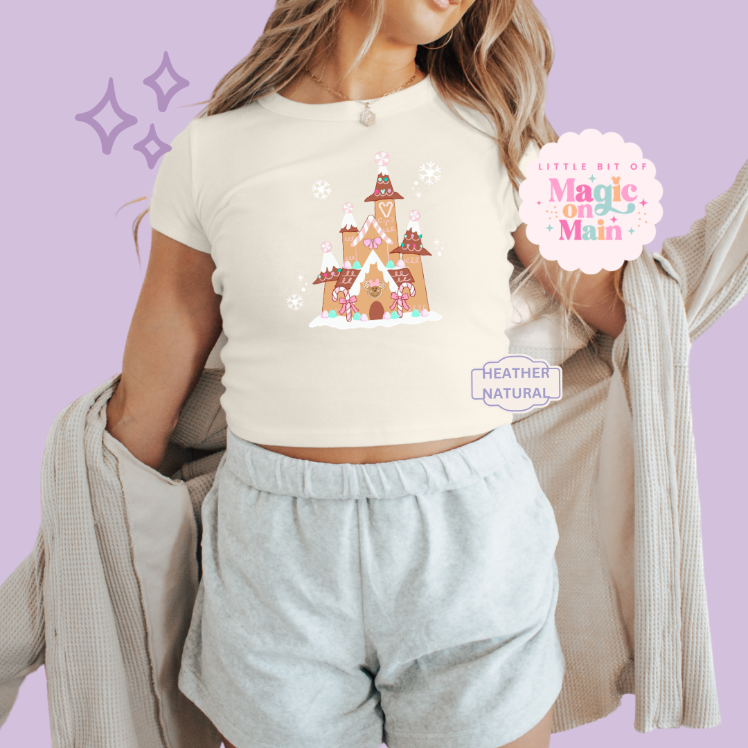 PRINTED GINGERBREAD CASTLE - EXCLUSIVE TO MoM - WOMENS CROPPED RIBBED BABY TEE