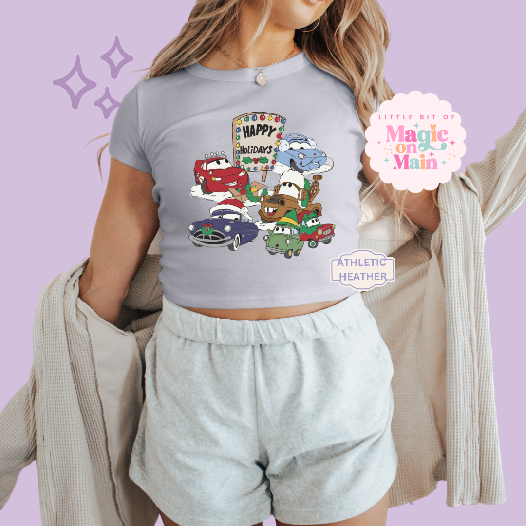 PRINTED CAR CHRISTMAS - WOMENS CROPPED RIBBED BABY TEE
