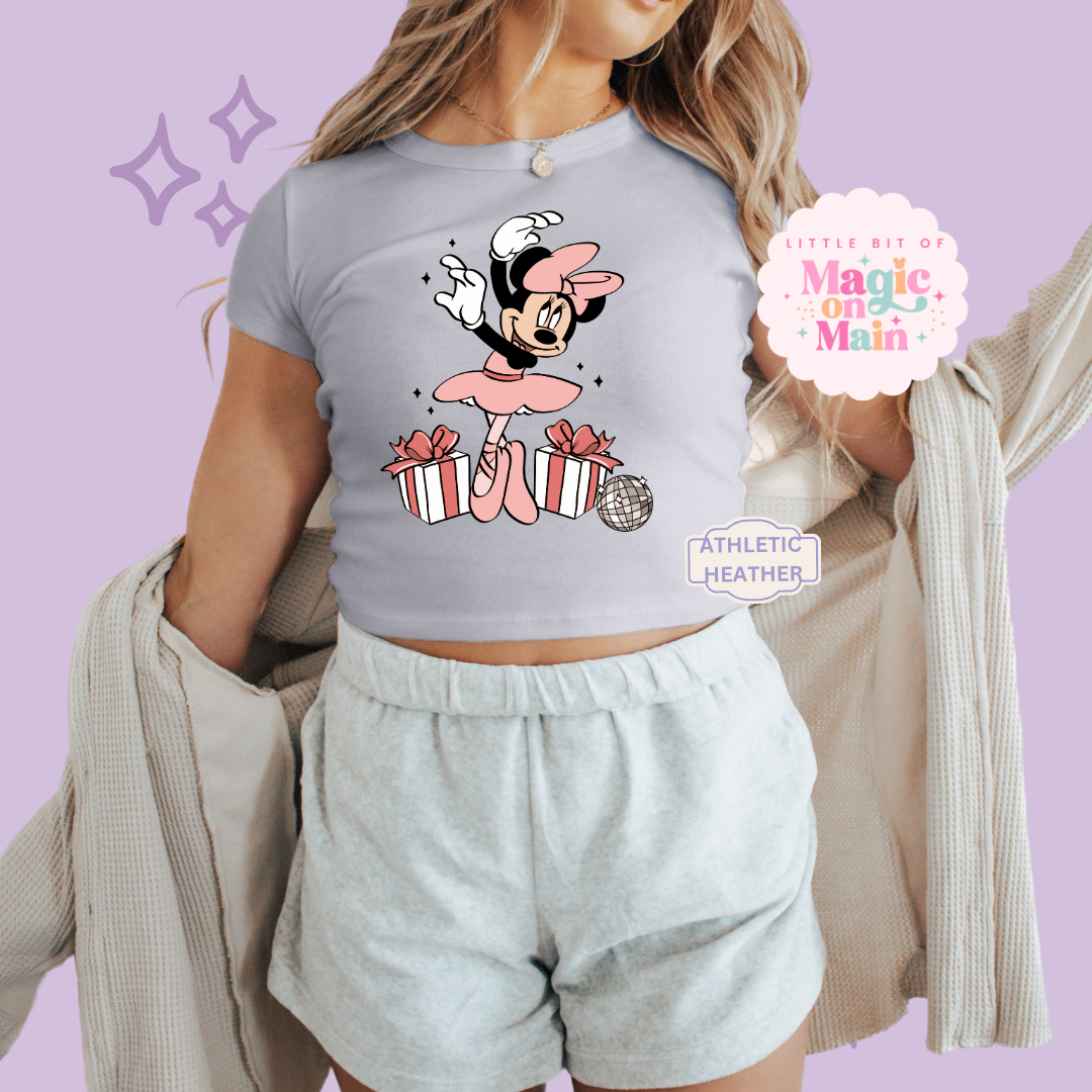 PRINTED MINNIES CHRISTMAS BALLERINA - WOMENS CROPPED RIBBED BABY TEE