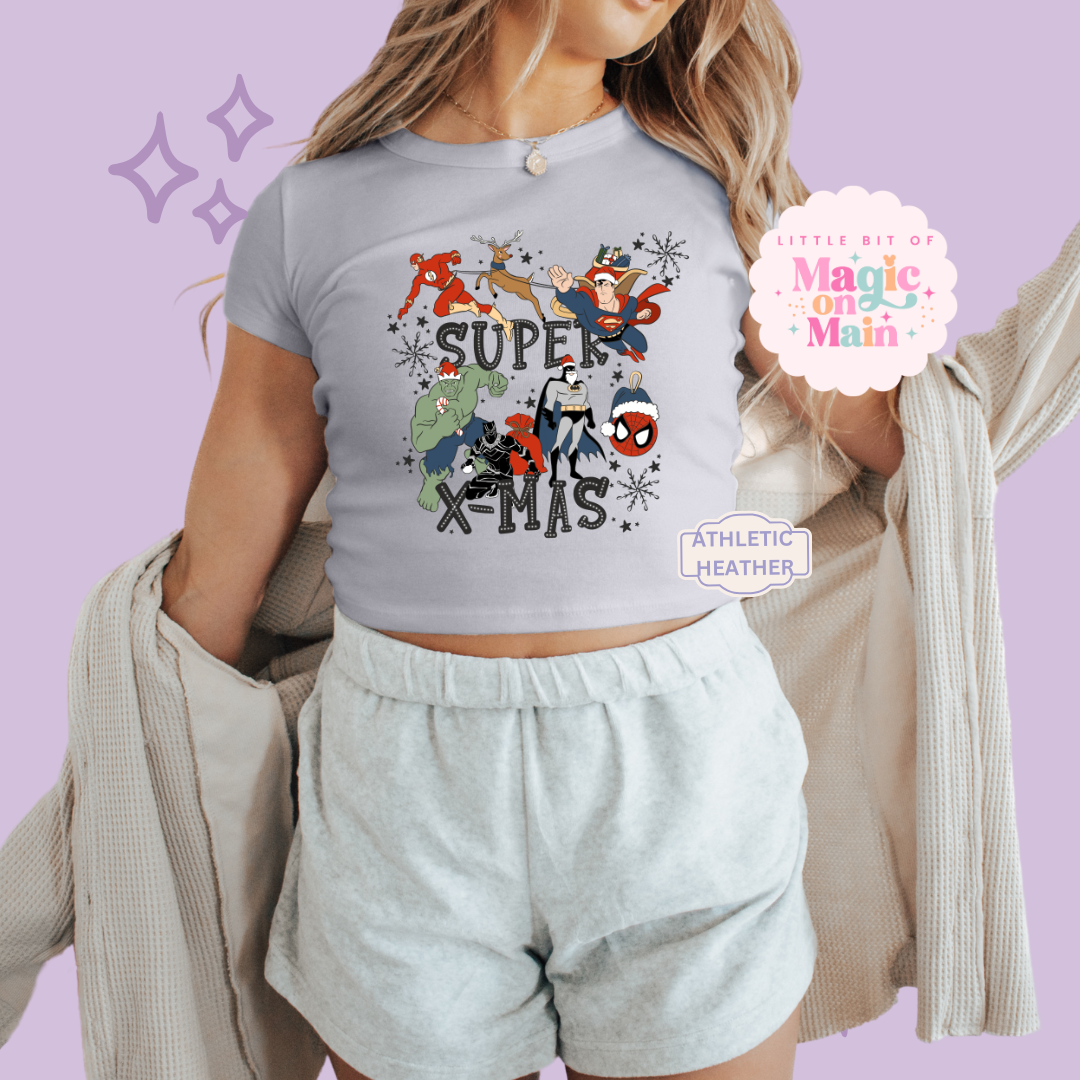 PRINTED SUPER CHRISTMAS - WOMENS CROPPED RIBBED BABY TEE