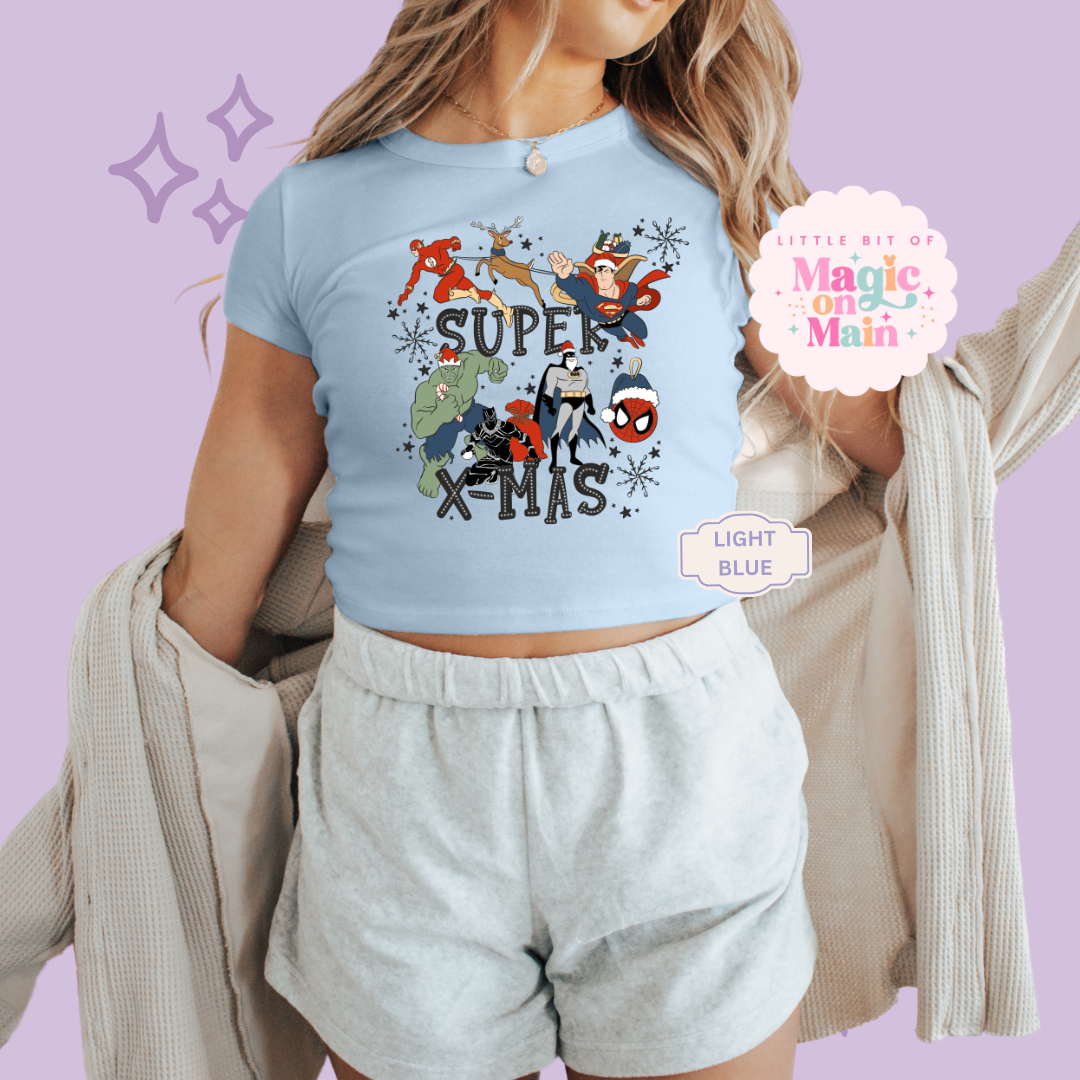 PRINTED SUPER CHRISTMAS - WOMENS CROPPED RIBBED BABY TEE
