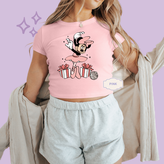 PRINTED MINNIES CHRISTMAS BALLERINA - WOMENS CROPPED RIBBED BABY TEE