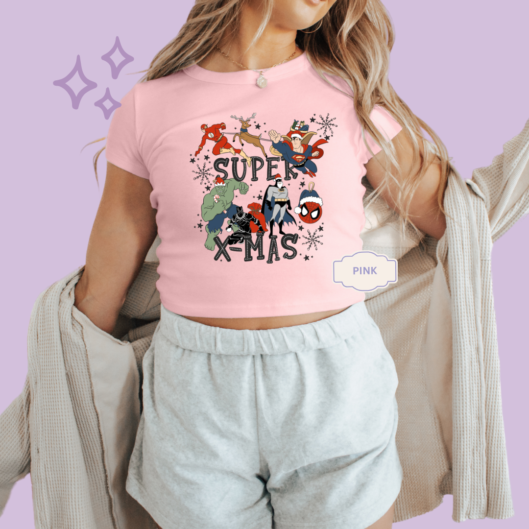 PRINTED SUPER CHRISTMAS - WOMENS CROPPED RIBBED BABY TEE