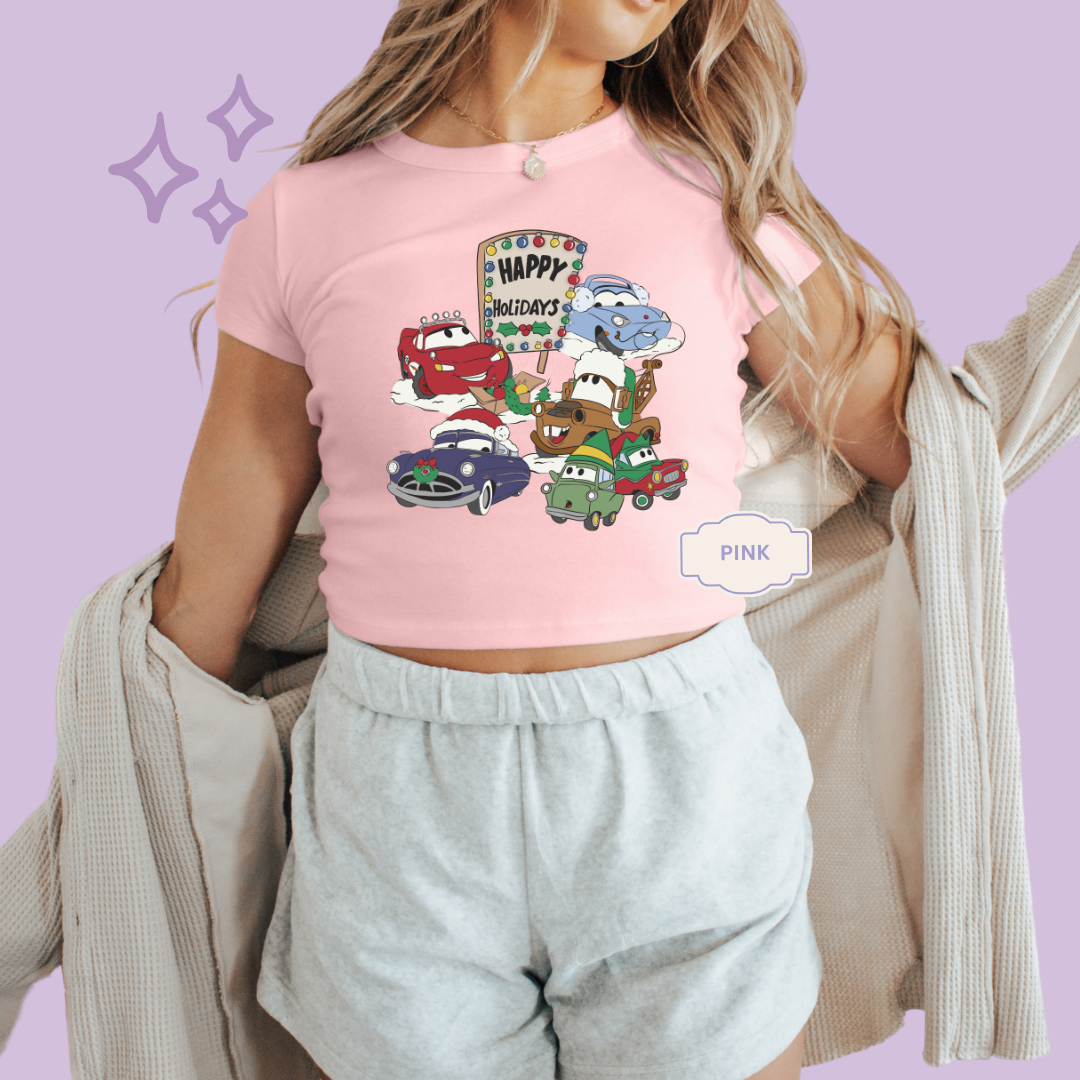 PRINTED CAR CHRISTMAS - WOMENS CROPPED RIBBED BABY TEE
