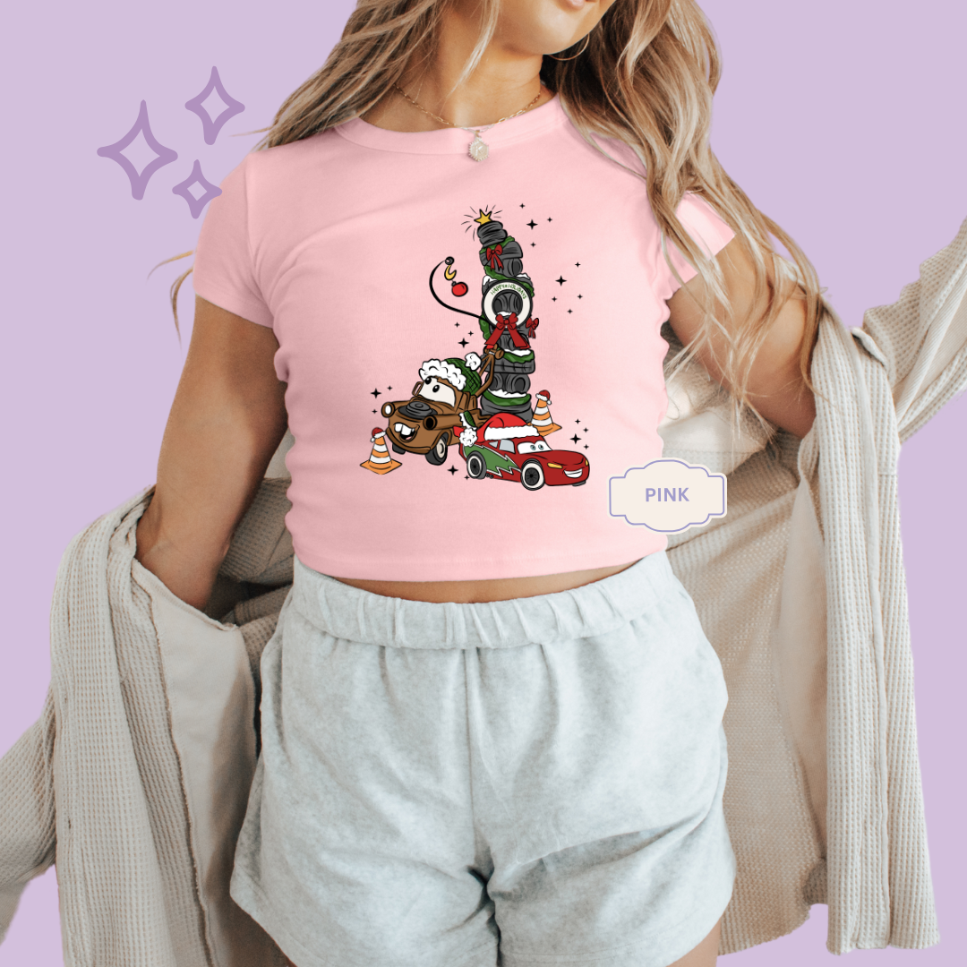 PRINTED CAR CHRISTMAS - WOMENS CROPPED RIBBED BABY TEE