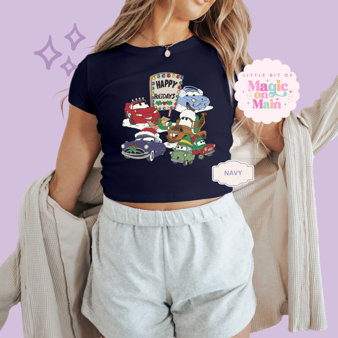 PRINTED CAR CHRISTMAS - WOMENS CROPPED RIBBED BABY TEE