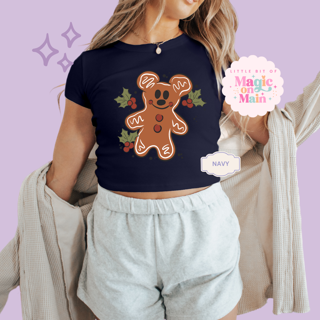 PRINTED GINGERBREAD - WOMENS CROPPED RIBBED BABY TEE