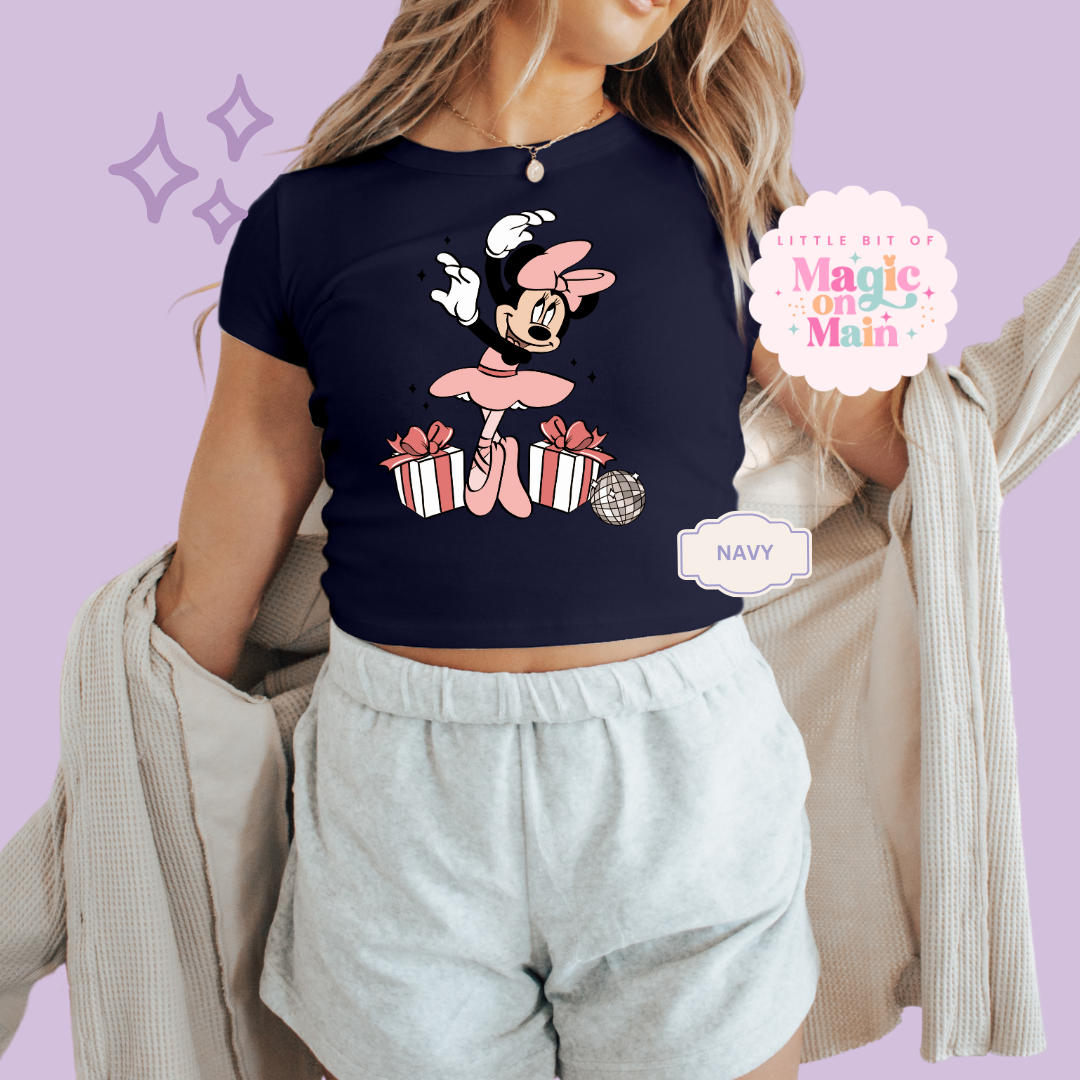 PRINTED MINNIES CHRISTMAS BALLERINA - WOMENS CROPPED RIBBED BABY TEE