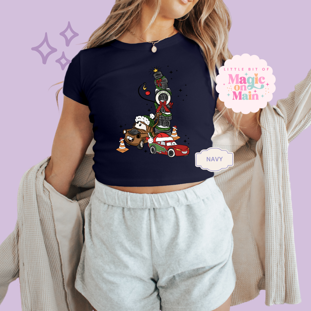 PRINTED CAR CHRISTMAS - WOMENS CROPPED RIBBED BABY TEE