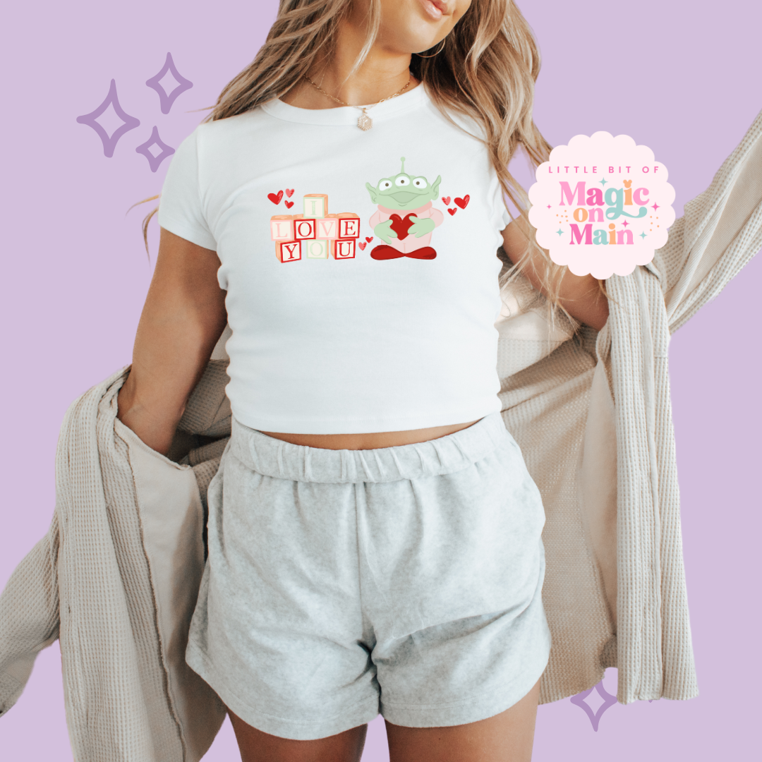 PRINTED ALIEN ILY - WOMENS CROPPED RIBBED BABY TEE 10028
